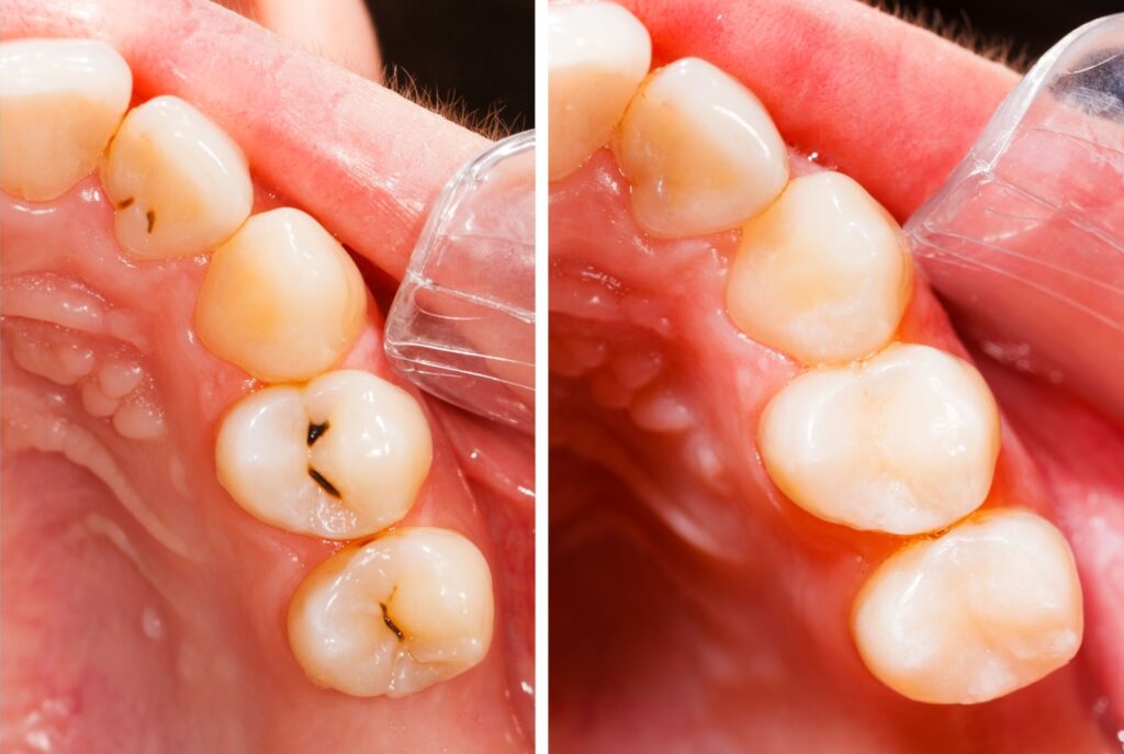 A before an after of what a dental cavity looks like on the tooth and what it looks like after it's been filled.
