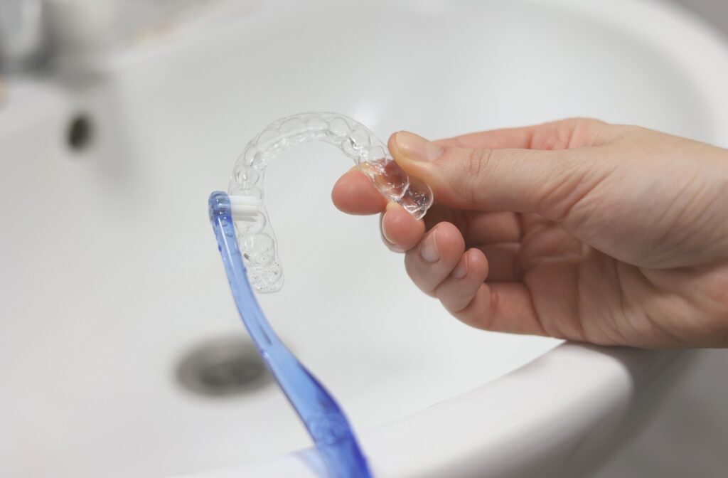 A hand holding an Invisalign retainer over a sink, cleaning the retainer with a small brush.