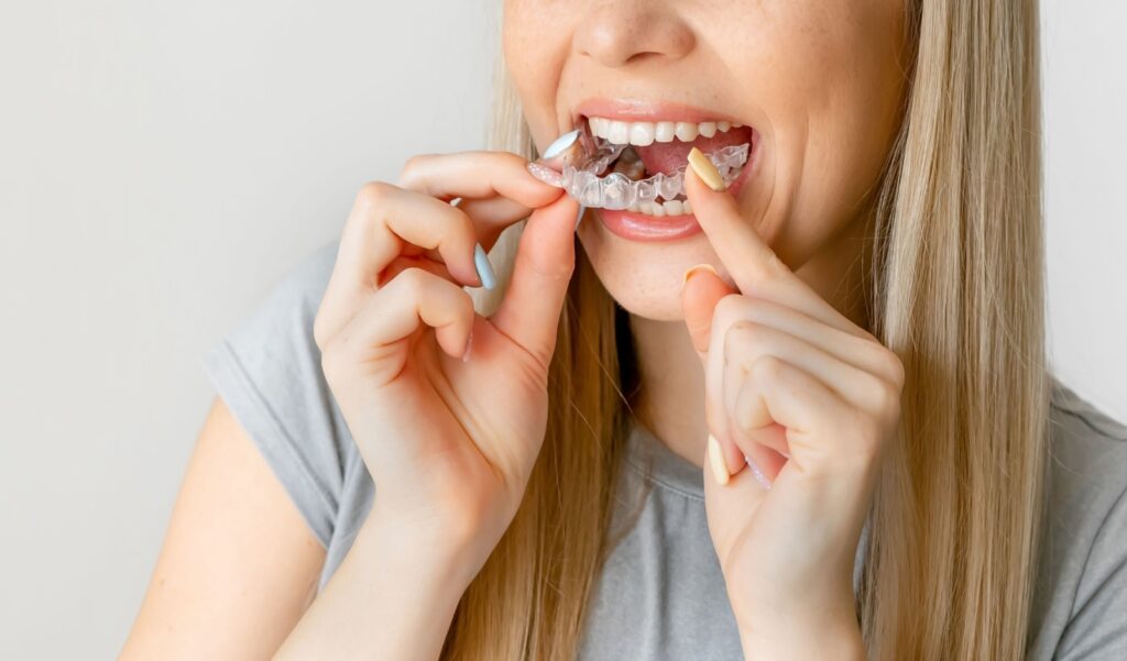 A woman putting in a post Invisalign retainer to keep her teeth from shifting after orthodontic treatment.