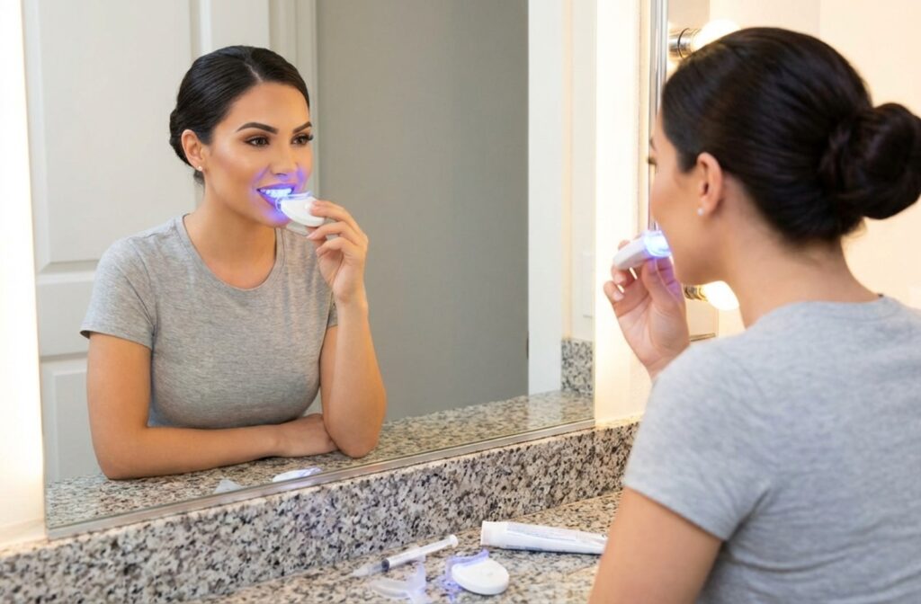 A person using a pre-made take-home teeth whitening kit.