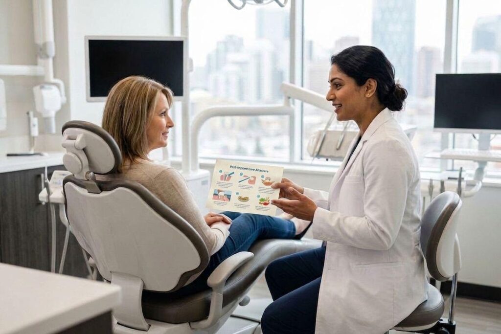 A dentist talks to a patient seated in a dental chair while holding a paper titled "Post-Implant Care Aftercare"