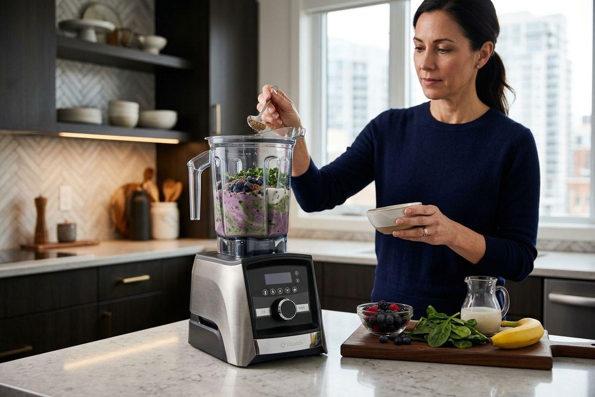 A focused adult in a kitchen spoons seeds into a blender containing greens and berries. Fruit and spinach sit on a cutting board nearby.