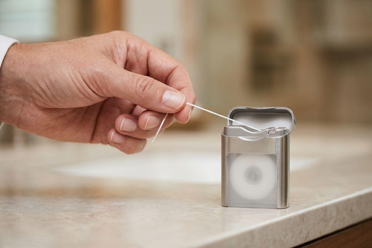 An adult's hand pulling a strand of white dental floss from a silver metal dispenser resting on a countertop.