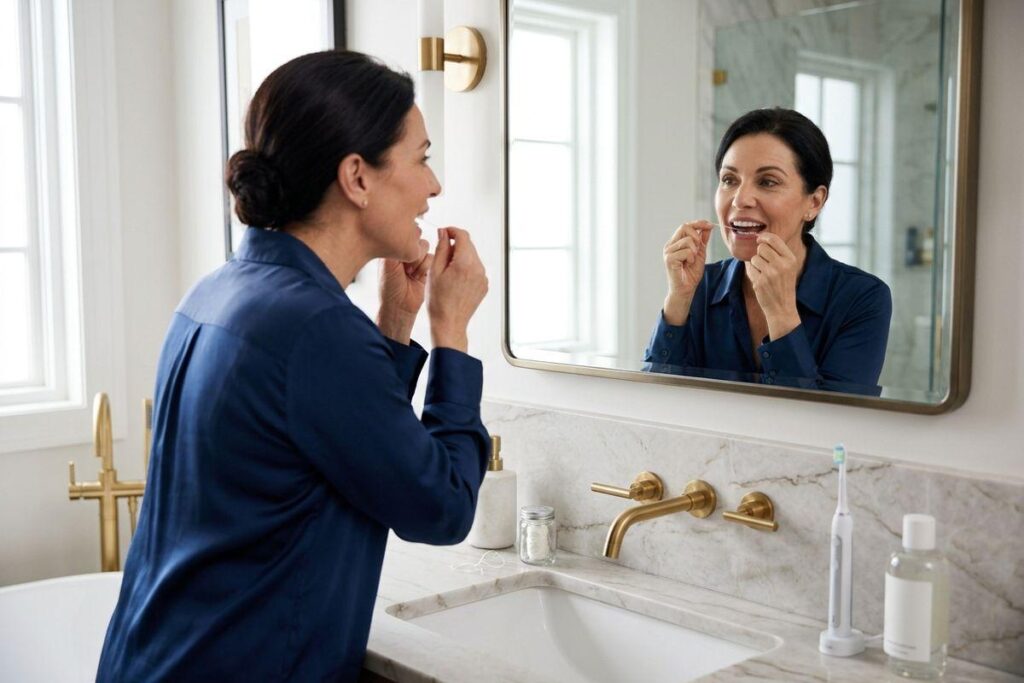 Smiling adult looking into a bathroom mirror while flossing their teeth over a sink.