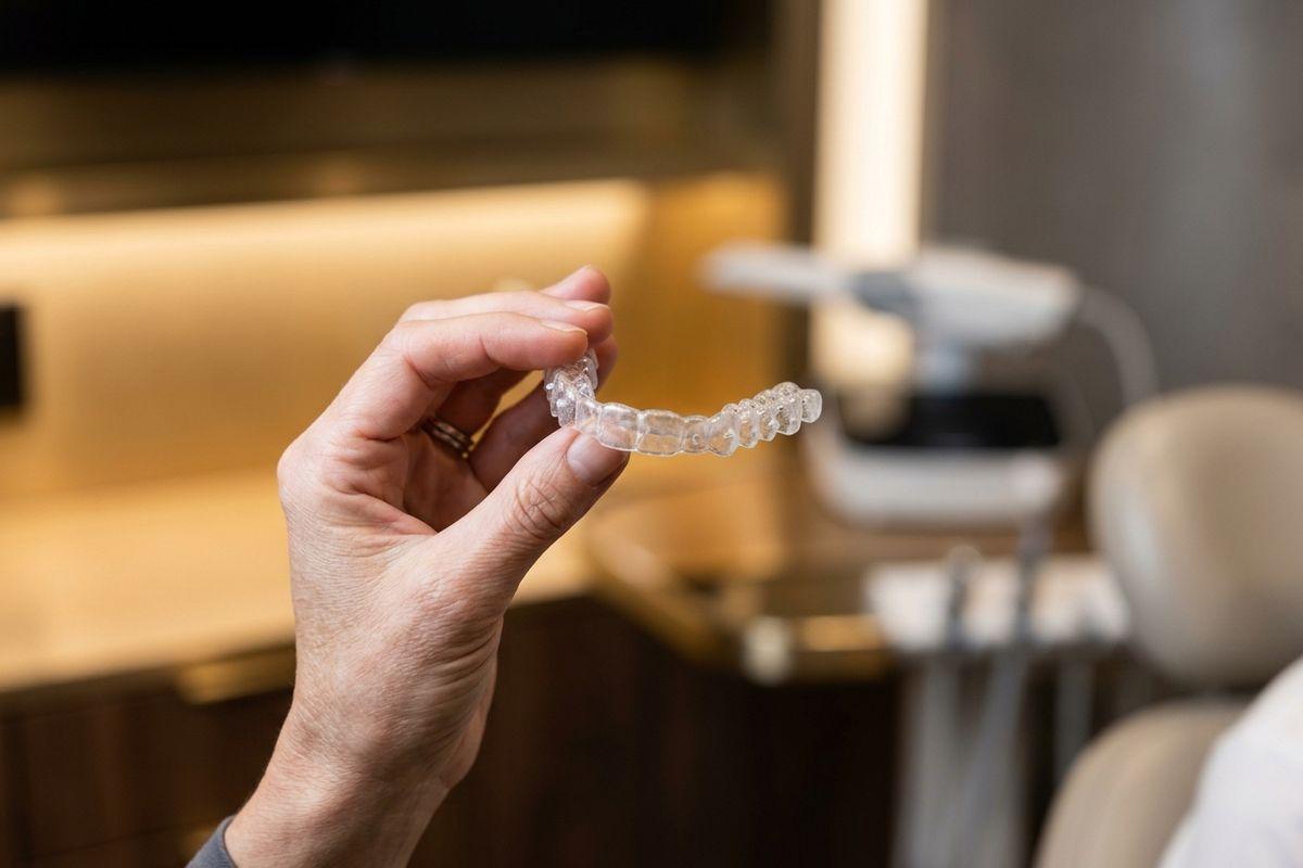 An adult's hand holds a clear dental aligner in a dental clinic, with a chair and equipment blurred in the background.