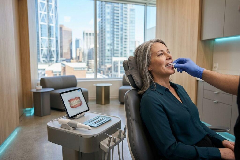 An adult smiles in a dental chair as a dentist places a clear aligner in their mouth. A tablet nearby displays a 3D model of teeth.