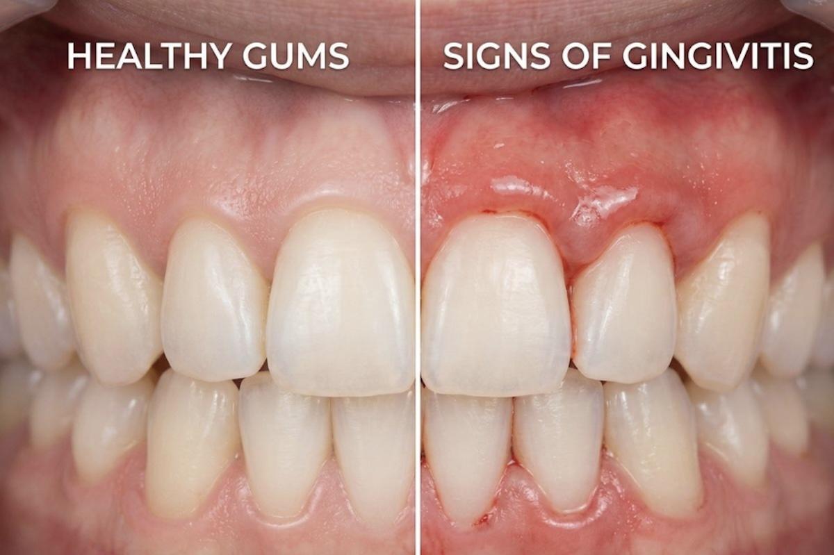 A side by side comparison of healthy gums vs signs of gingivitis