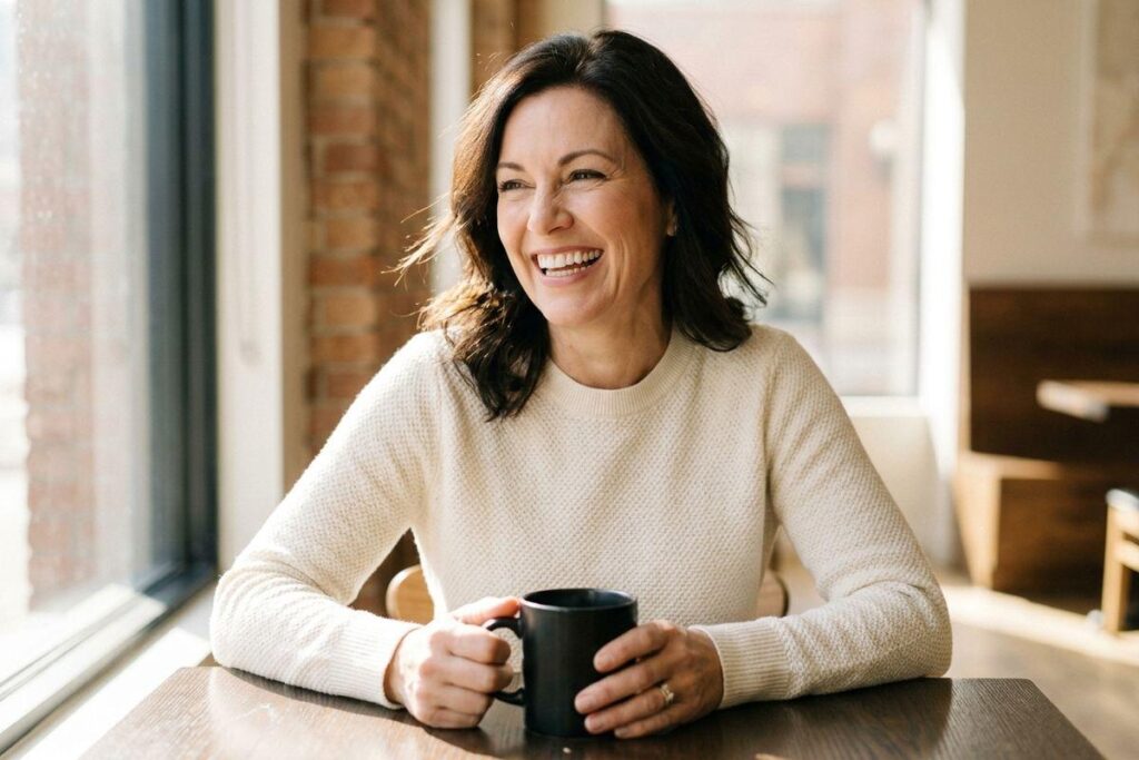 Adult in a cream sweater laughing while holding a black mug at a wooden table beside a window.