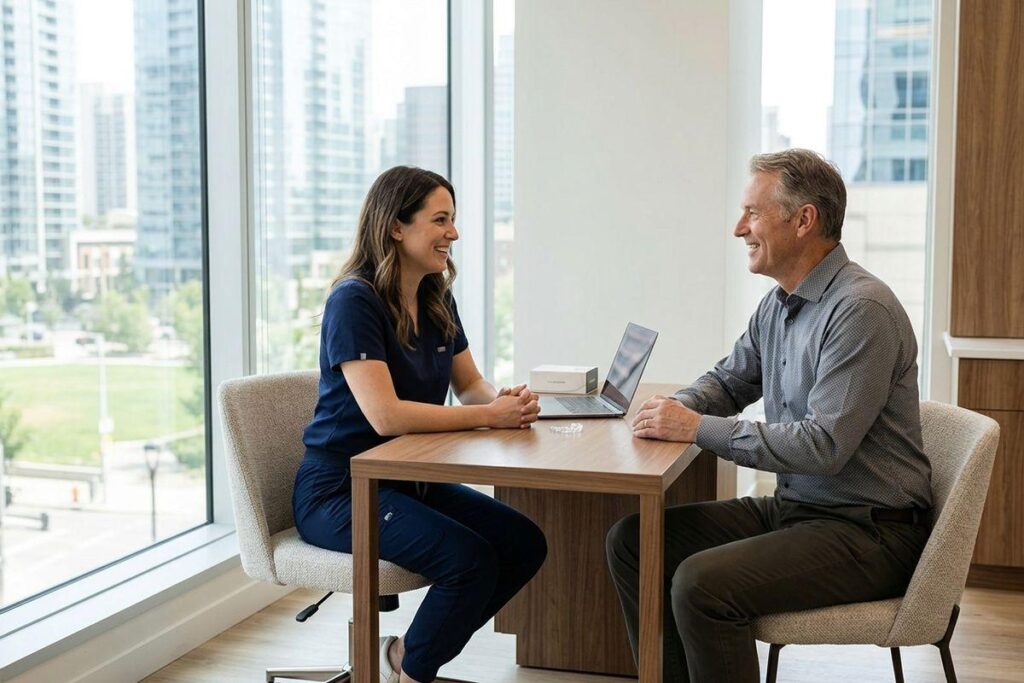 Clinician in navy scrubs smiles while talking with a patient across a wooden table with a laptop and small box, beside large windows.