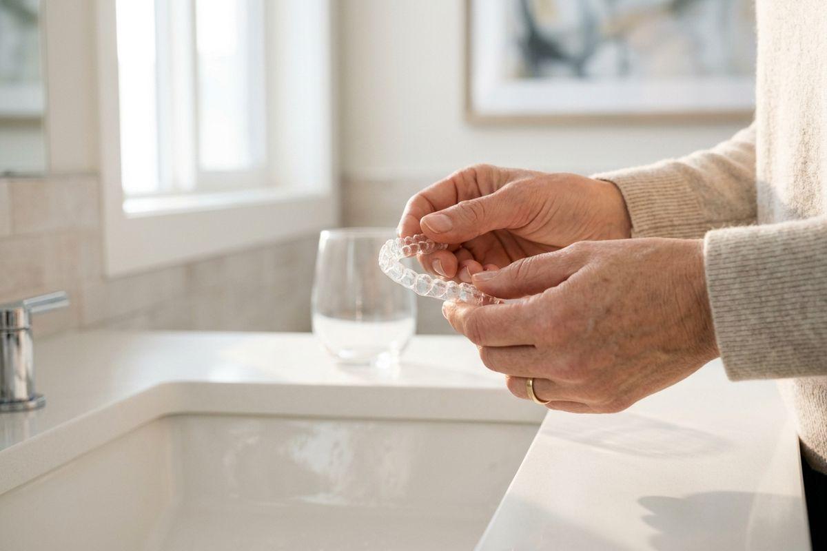 Close-up of an adult's hands holding a clear dental aligner at a bathroom sink, with a glass of water on the counter.