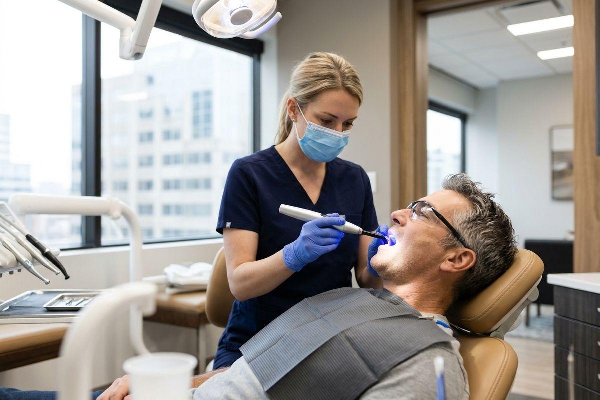 Dentist in mask and gloves uses a blue curing light in the open mouth of a patient reclined in a dental chair by a window.