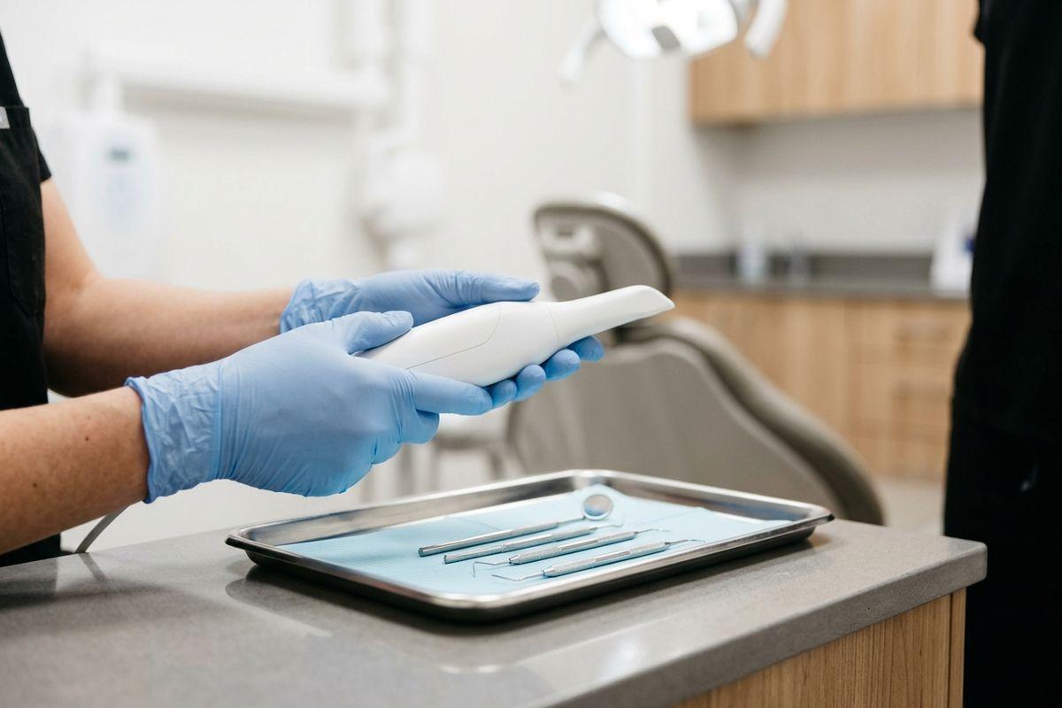 Gloved hands of a dental professional holding a white handheld scanner above a tray of dental instruments in a treatment room.