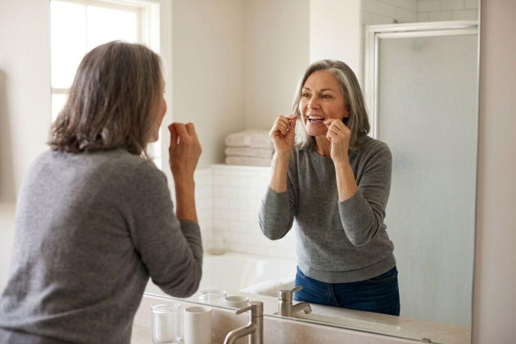 Older adult with grey hair flossing teeth while looking in a bathroom mirror.