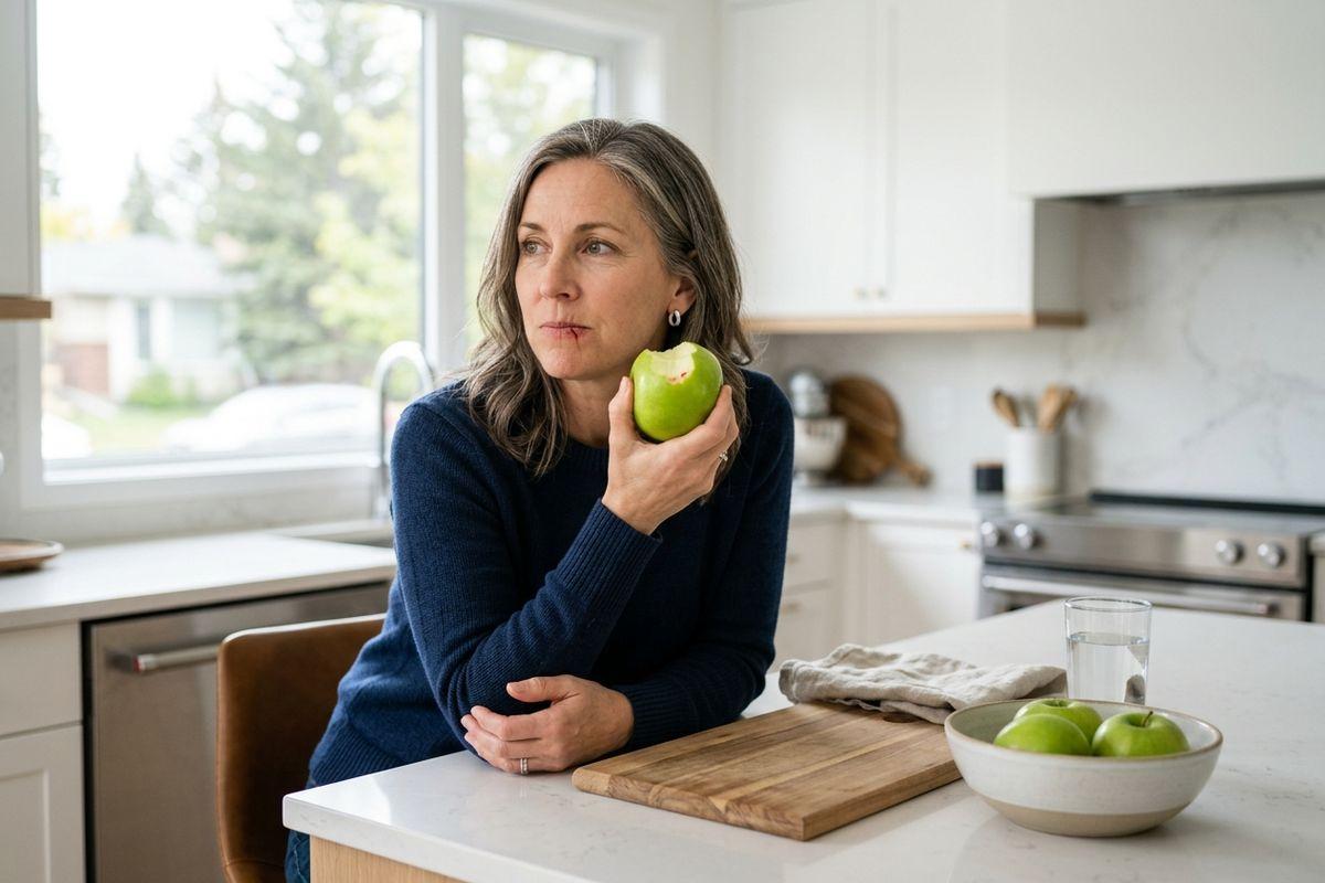 Person holding a bitten green apple at a kitchen counter, looking away, with a bowl of apples and a glass of water nearby.