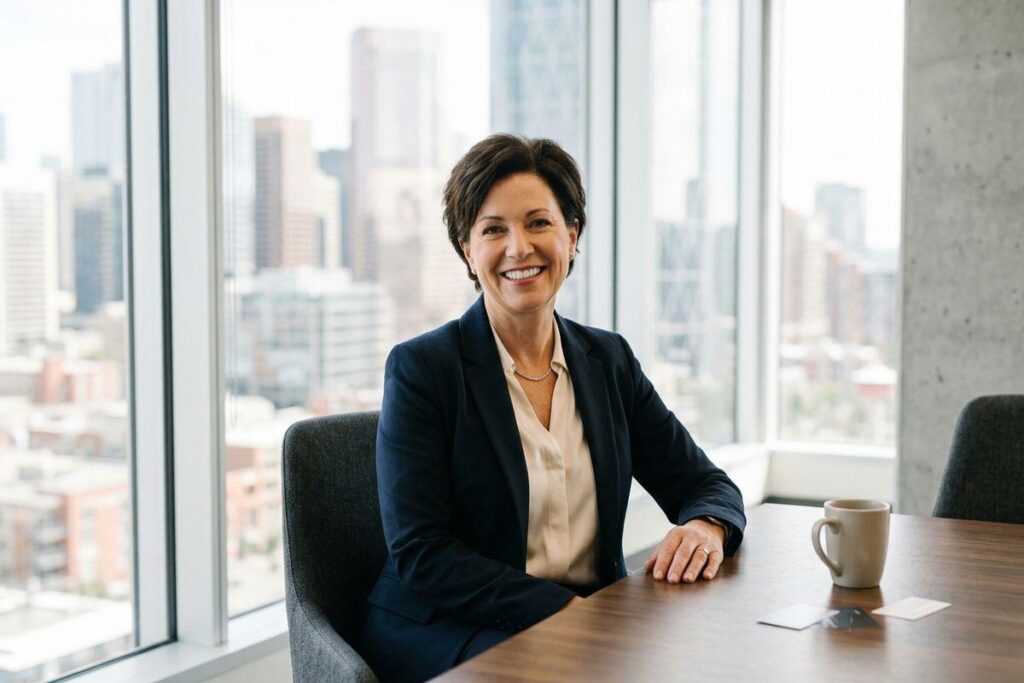 Smiling person in a dark blazer sits at a wooden meeting table with a mug, beside floor-to-ceiling windows overlooking a city skyline.